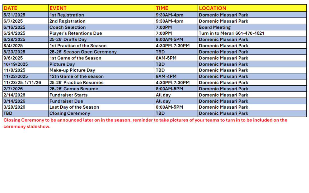 Upcoming Events 2025-2026 Season