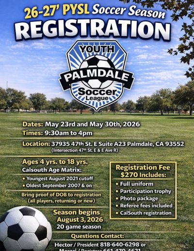 PYSL registration flyer for 2026-27 season